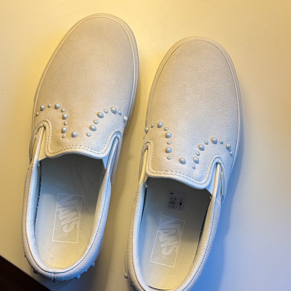 Vans White Slip-On Sneakers with Pearl Stud Accents